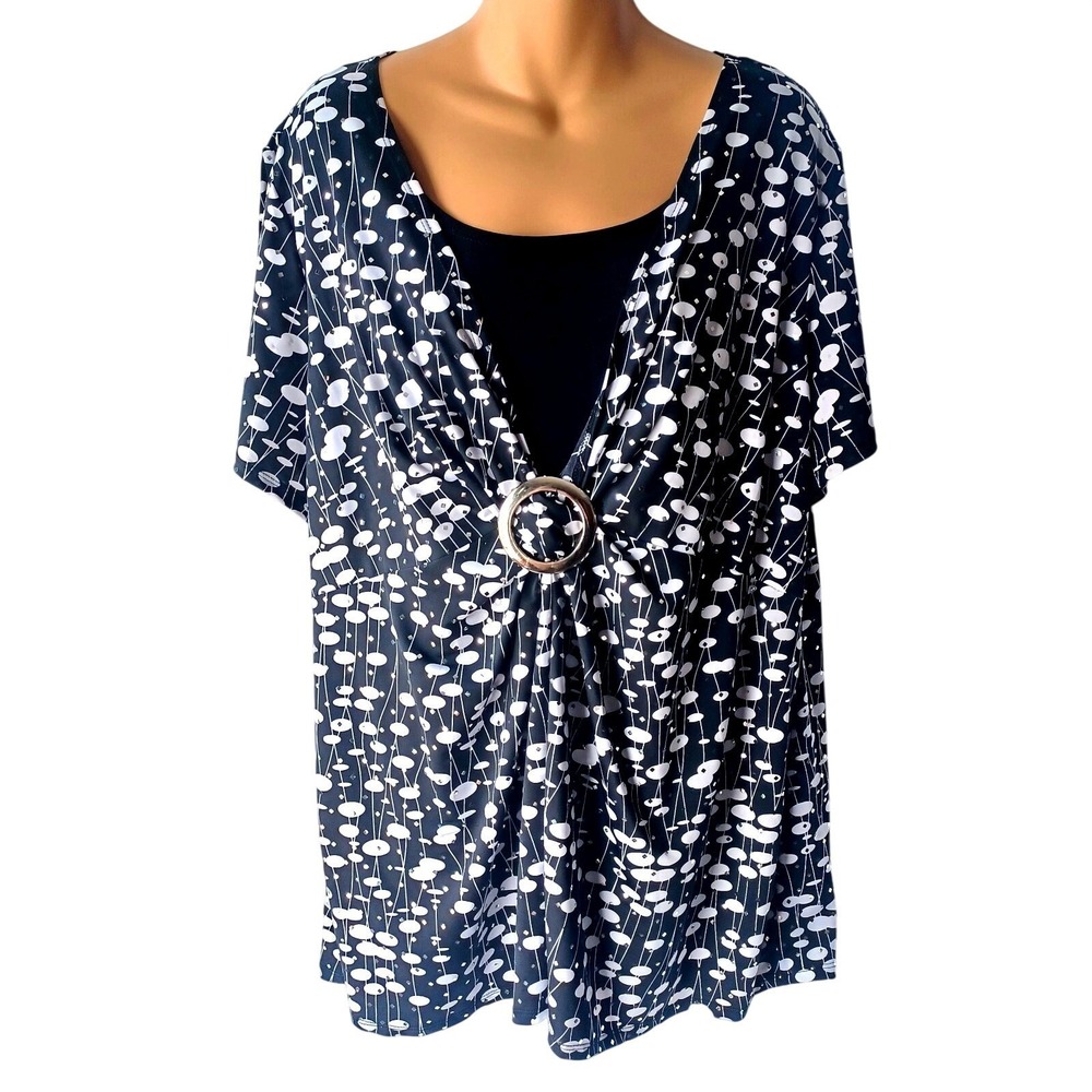 Women 2X Babydoll Black White Abstract Print Ring Front Layered Top Whimsigoth